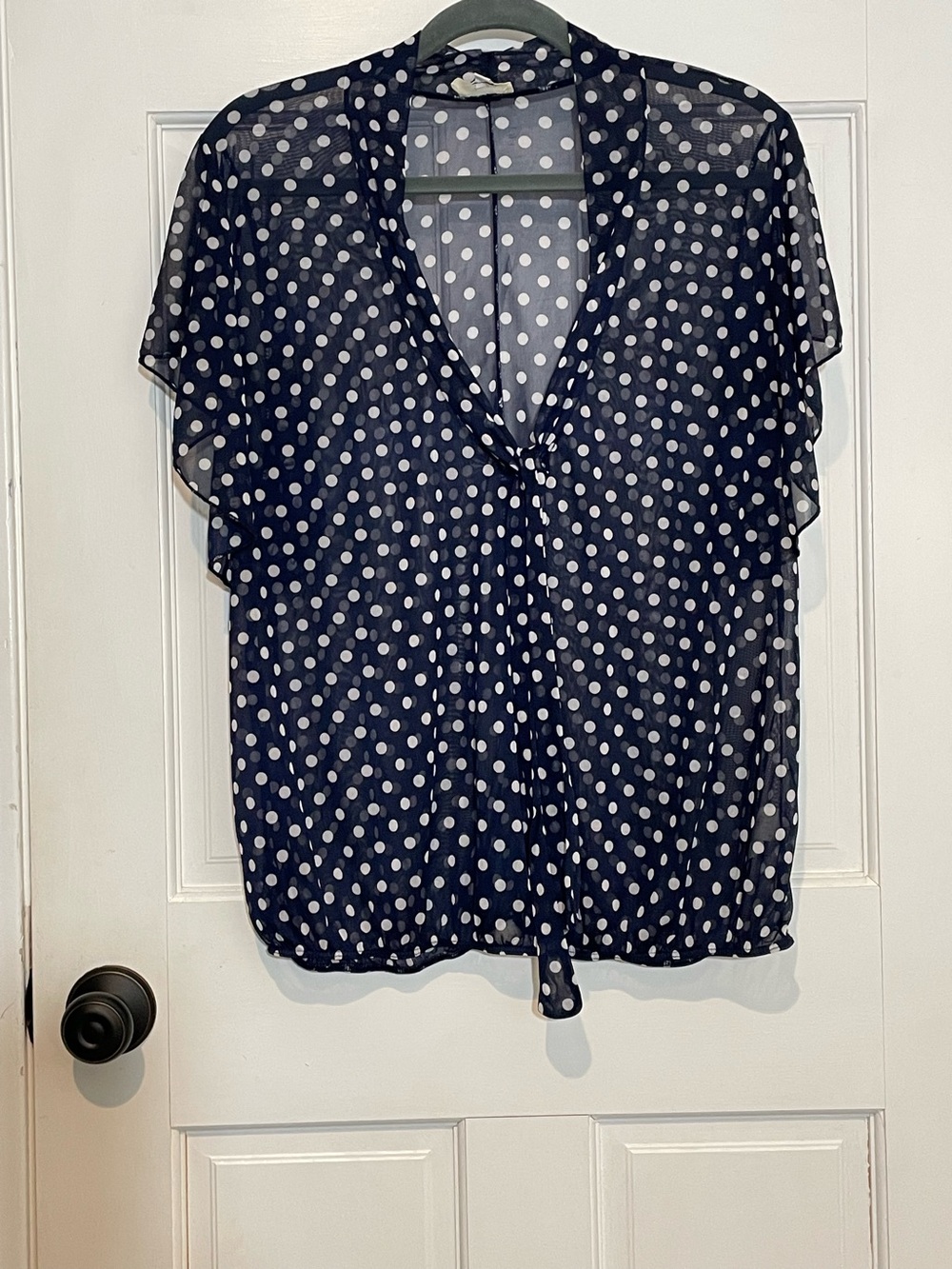 Women's Navy Polka Dot Sheer Blouse  V-Neck tie flutter sleeve feminine Sz 2XL